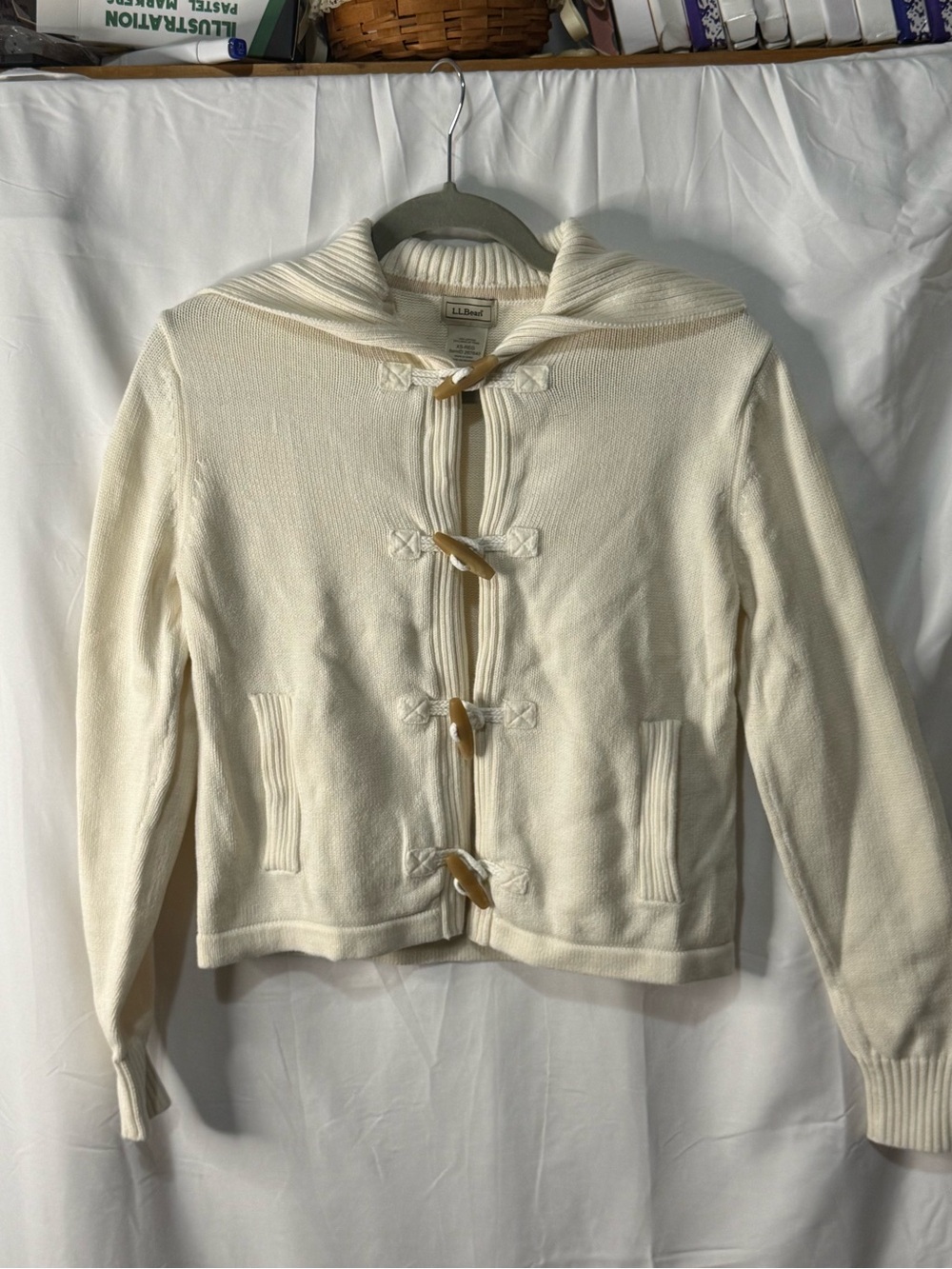 L.L.Bean Cream Collared Toggle Sweater Cardigan with Brown Toggles
